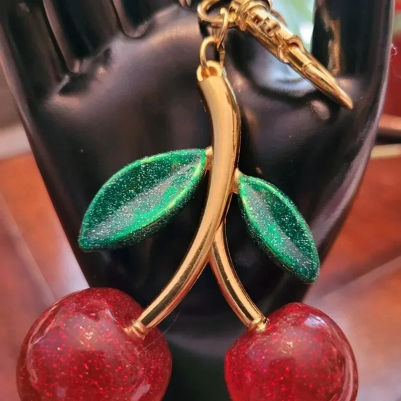 Cherry Charm Keychain with Red and Green Accents - Picture 2 of 3